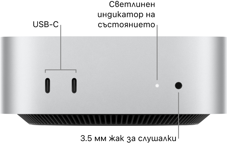 На предната страна на Mac mini са показани два USB-C порта, светлинен индикатор за състоянието и 3.5 mm жак за слушалки.