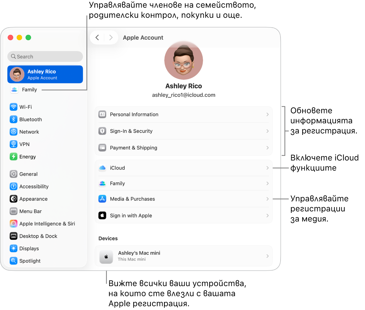 Настройките на Apple регистрация в System Settings (Системни настройки) с изнесени надписи за обновяване на информация за регистрация, включване и изключване на функции на iCloud, управление на регистрации за медийно съдържание и Family (Семейство), от където можете да управлявате членовете на семейството, родителски контрол, покупки и други.