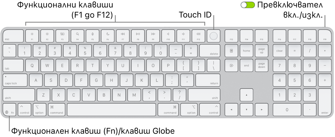 Клавиатурата Magic Keyboard с Touch ID и Numeric Keypad, която показва редицата с функционални клавиши, Touch ID в горния край и клавиша Function (Fn)/Globe вдясно от клавиша Delete.