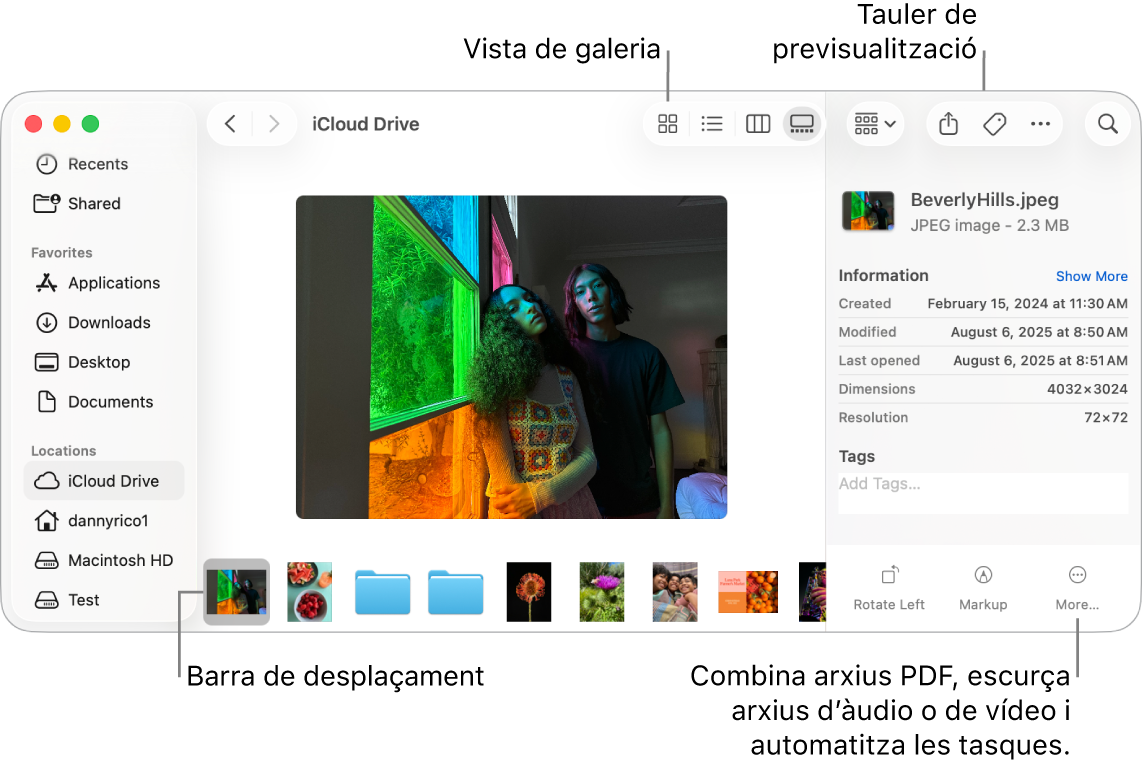Una finestra del Finder oberta amb la visualització en galeria mostrant una foto gran amb una fila de fotos més petites (la barra d’arrossegament) a sota. A la dreta de la barra d’arrossegament, hi ha els controls per girar, marcar i fer altres accions.