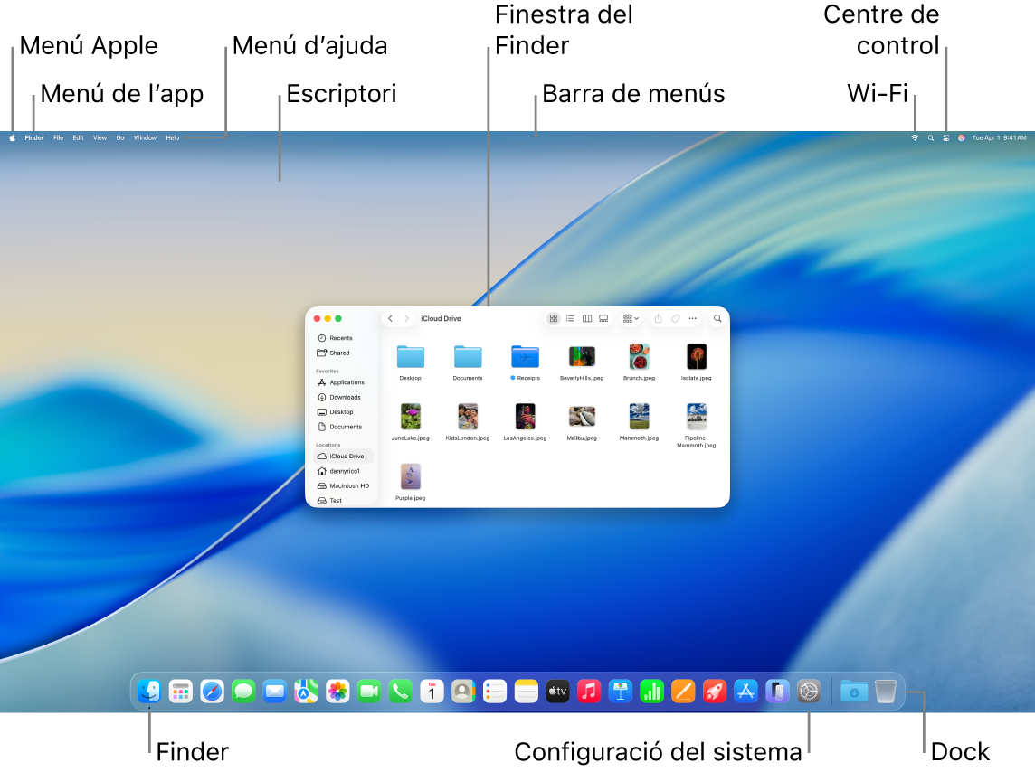 Pantalla del Mac en què es veuen el menú Apple, el menú de l’app, el menú Ajuda, l’escriptori, la barra de menús, una finestra del Finder, la icona de la Wi‑Fi, la icona del centre de control, la icona del Finder, la icona de la configuració del sistema i el Dock.