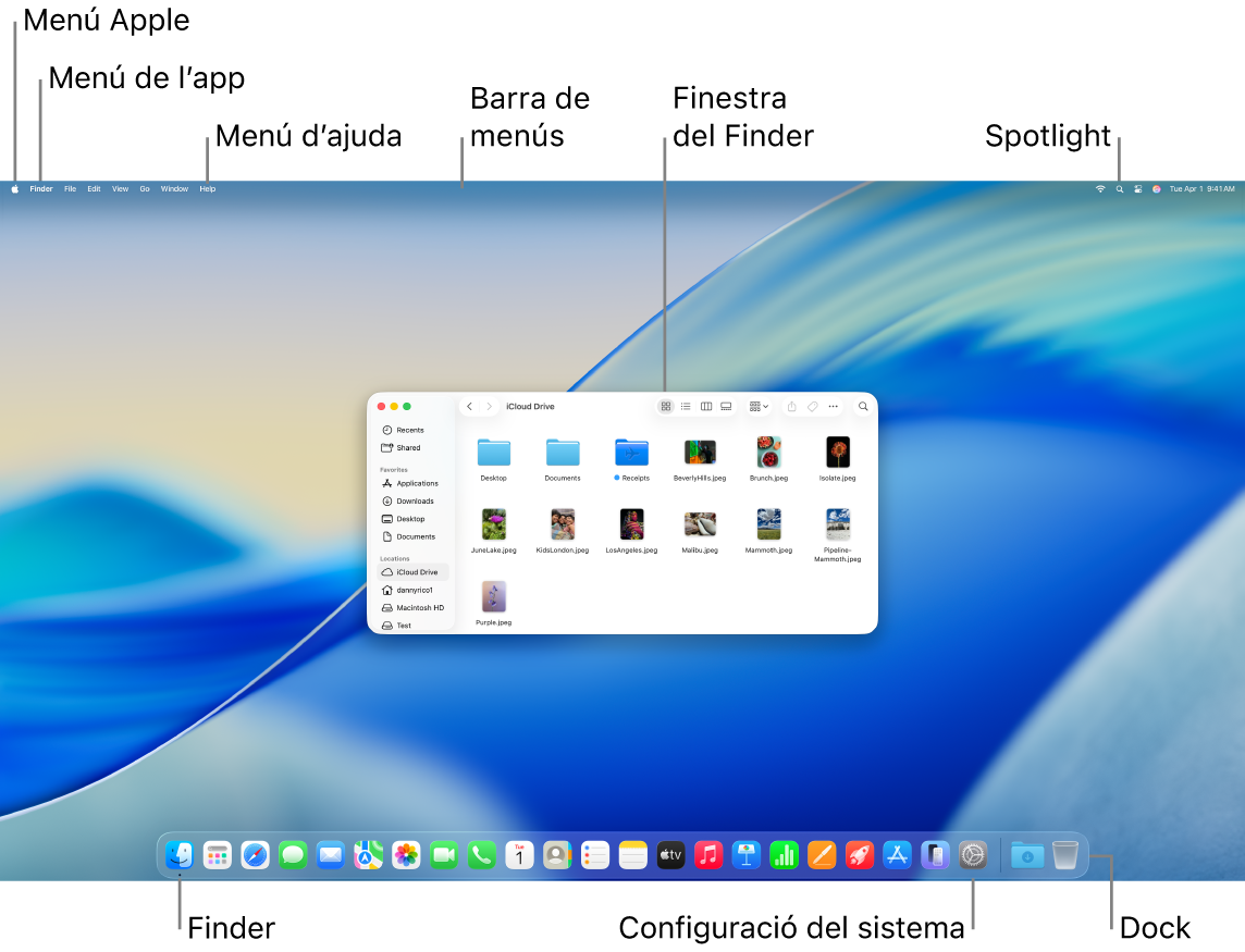 Pantalla del Mac en què es veuen el menú Apple, el menú App, el menú Ajuda, la barra de menús, una finestra del Finder, la icona de l’Spotlight, la icona del Finder, la icona de la configuració del sistema i el Dock.