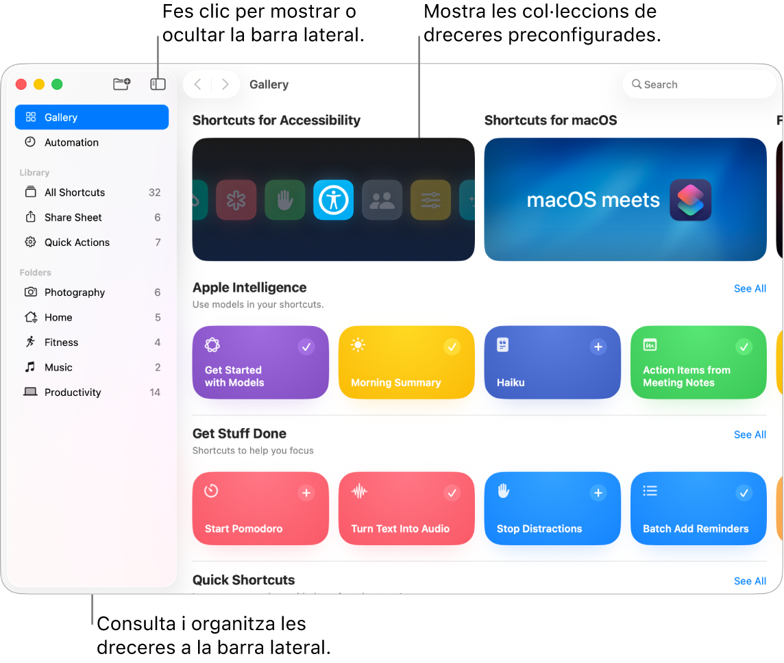 Finestra de l’app Dreceres amb la barra lateral oberta a l’esquerra i la galeria a la dreta, amb col·leccions de dreceres predefinides.