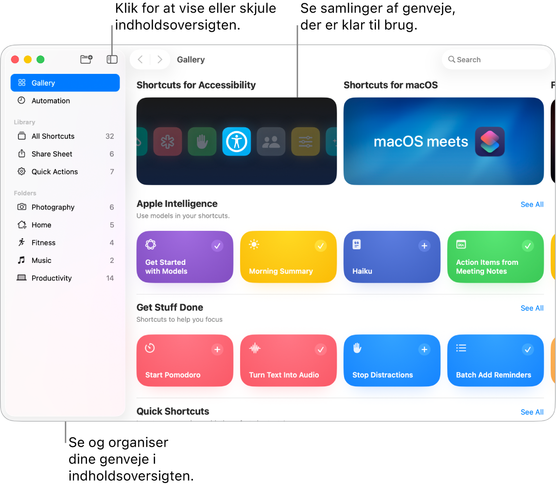 Vinduet Genveje med den åbne indholdsoversigt til venstre side og galleriet til højre med samlinger af færdige genveje.