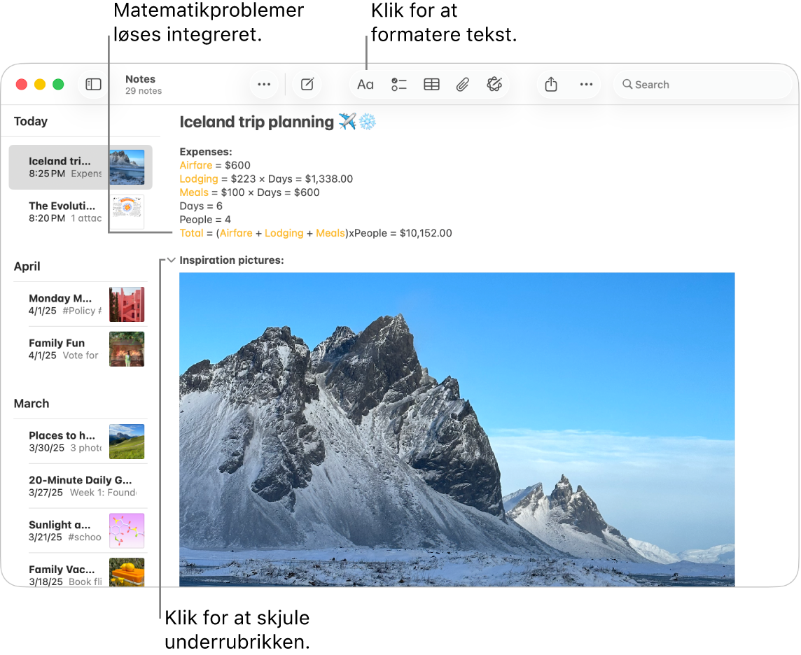 Et vindue i appen Noter, der viser beregninger for en tur og et billede fra destinationen.