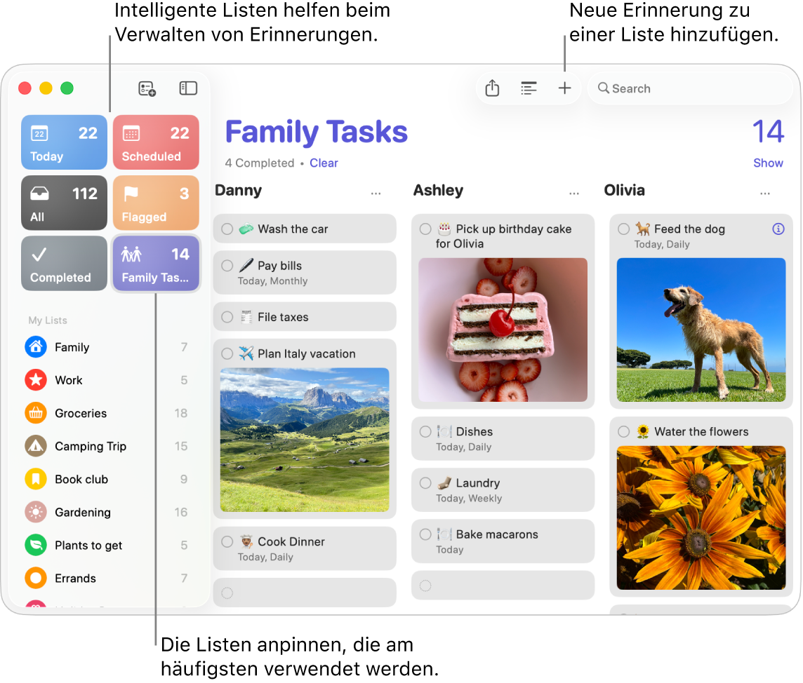 Ein Erinnerungen-Fenster mit intelligenten Listen links und anderen Erinnerungen und Listen auf der rechten Seite.