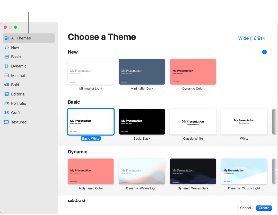 A Keynote window showing the Template browser.