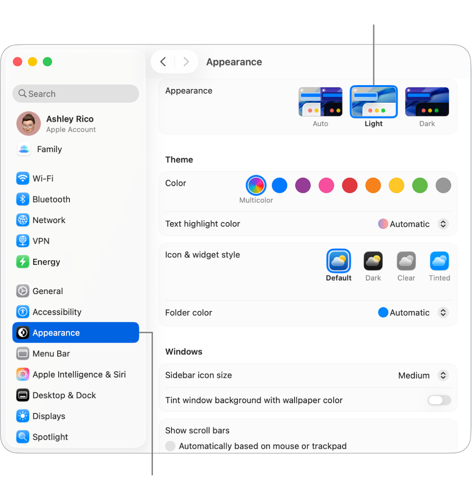 The Appearance window in System Settings.