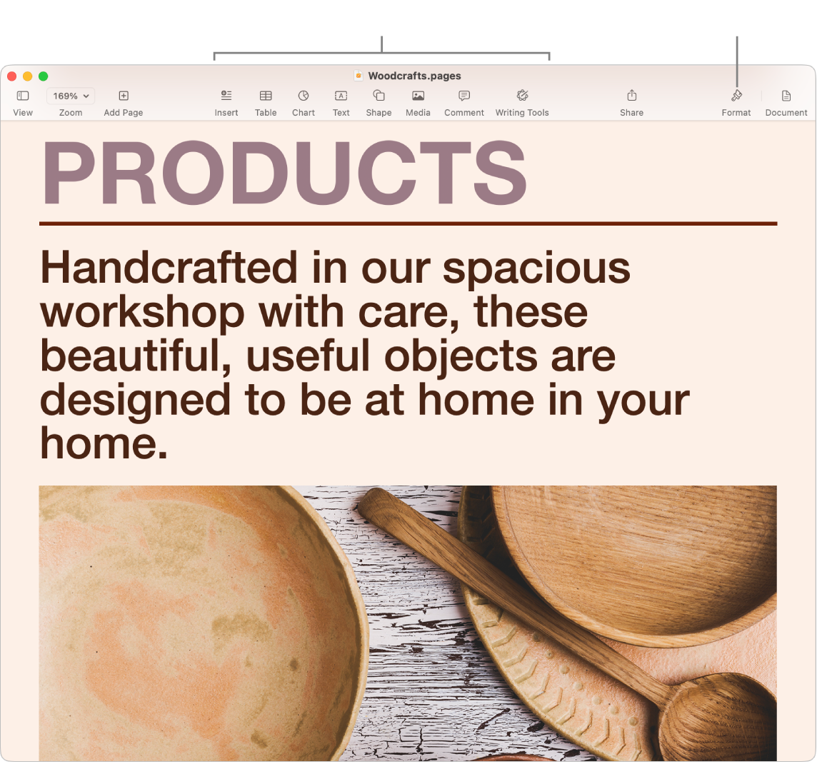 A Pages window showing a document created from a template. There are callouts to add charts, movies, and more in the toolbar, and a callout to Open or close the Format sidebar.