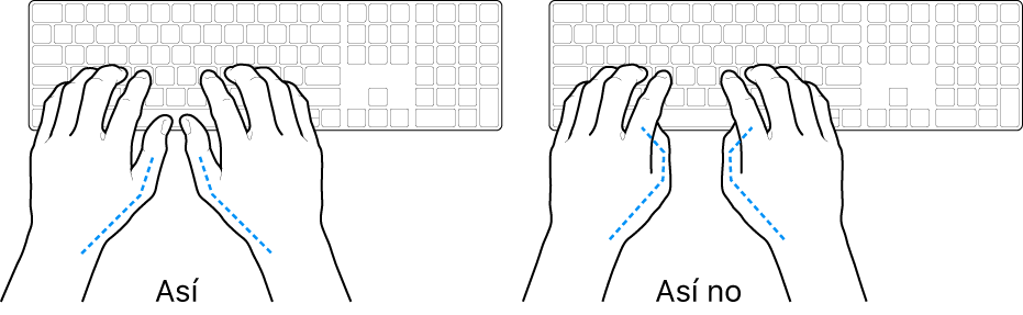 Manos posicionadas sobre un teclado, mostrando la alineación correcta e incorrecta de los pulgares.