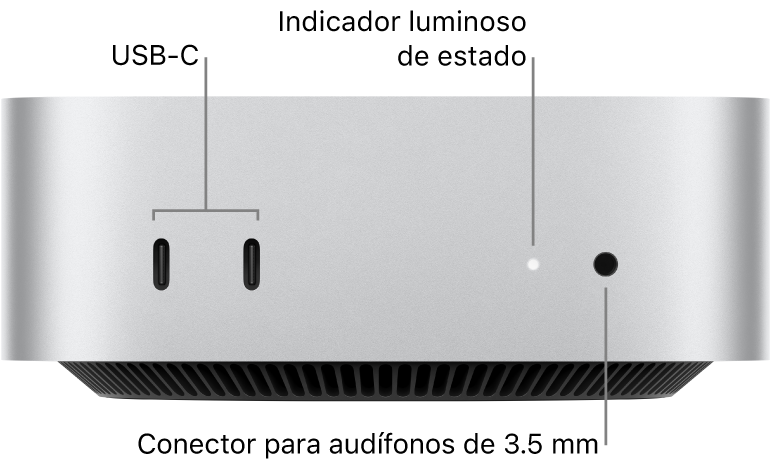 La parte frontal de la Mac mini mostrando dos puertos USB-C, el indicador luminoso de estado y un puerto para audífonos de 3.5 mm.