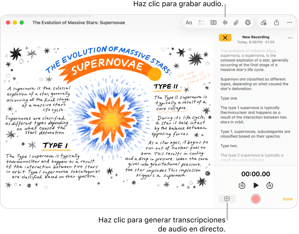 Una ventana de Notas que muestra una nota con una grabación de audio. La pantalla “Detalles del audio” está abierta y muestra una transcripción de la grabación de audio.