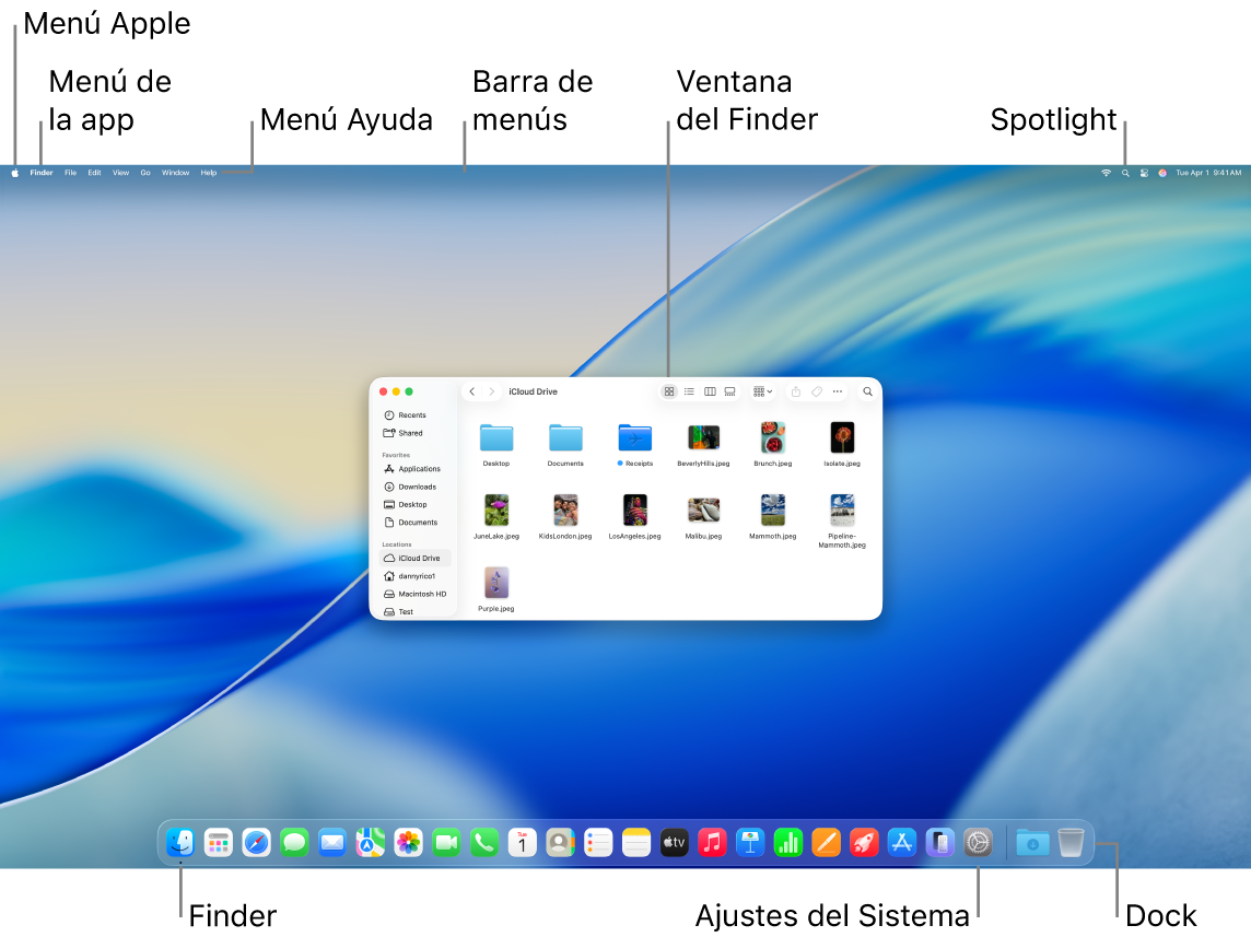 La pantalla de un Mac en la que se muestra el menú Apple, el menú de la app, el menú Ayuda, la barra de menús, una ventana del Finder, el icono de Spotlight, el icono del Finder, el icono de Ajustes del Sistema y el Dock.