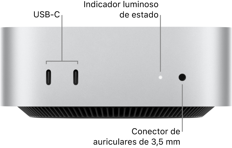 La parte delantera del Mac mini con dos puertos USB-C, el indicador luminosos de estado y un conector para auriculares de 3,5 mm.