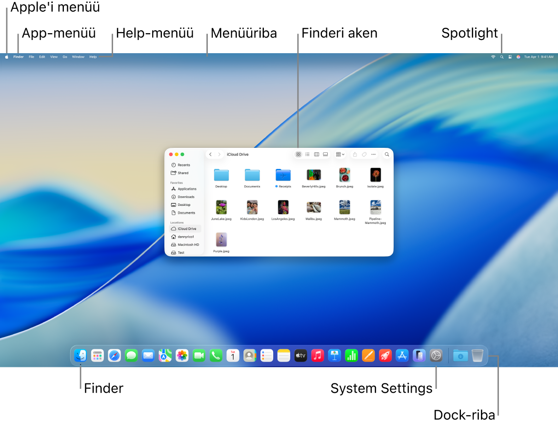 Maci ekraanil kuvatakse Apple-menüüd, App-menüüd, Help-menüüd, menüüriba, Finderi akent, Spotlighti ikooni, Finderi ikooni, System Settingsi ikooni ja Docki.