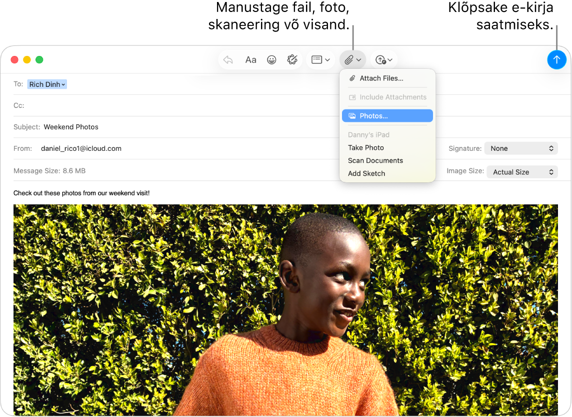 Rakenduse Mail aknas kirjutatakse uut kirja. Hüpikmenüüs on valikud fotode manustamiseks või foto tegemiseks, dokumendi skannimiseks või visandi lisamiseks läheduses olevast seadmest.