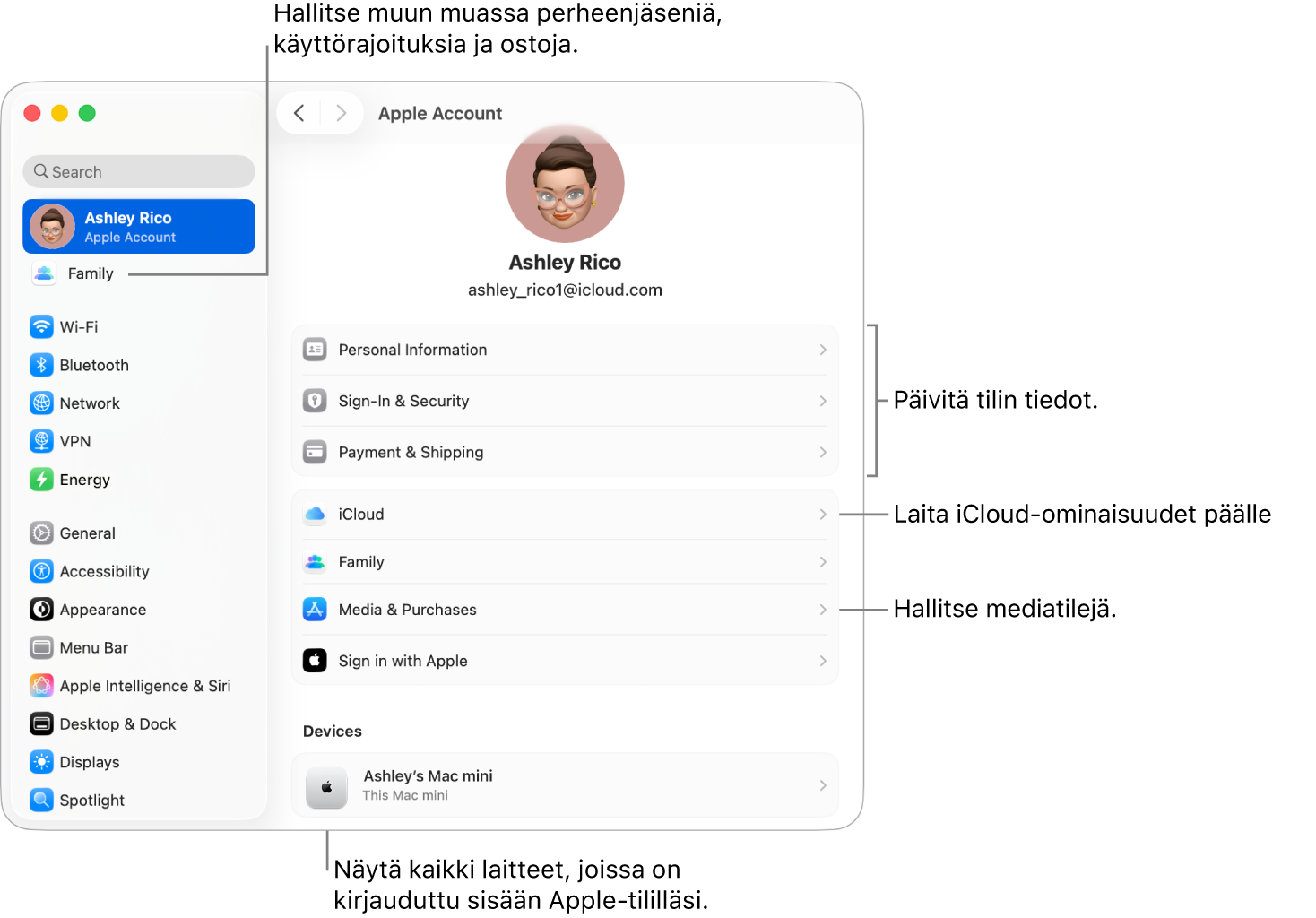 Järjestelmäasetusten Apple-tili-asetukset ja selitteet tilin tietojen päivittämiseen, iCloud-ominaisuuksien laittamiseen päälle tai pois päältä sekä mediatilien hallintaan. Lisäksi Perhe-osio, jossa voit hallita perheenjäseniä, käyttörajoituksia, ostoja ja muita ominaisuuksia.