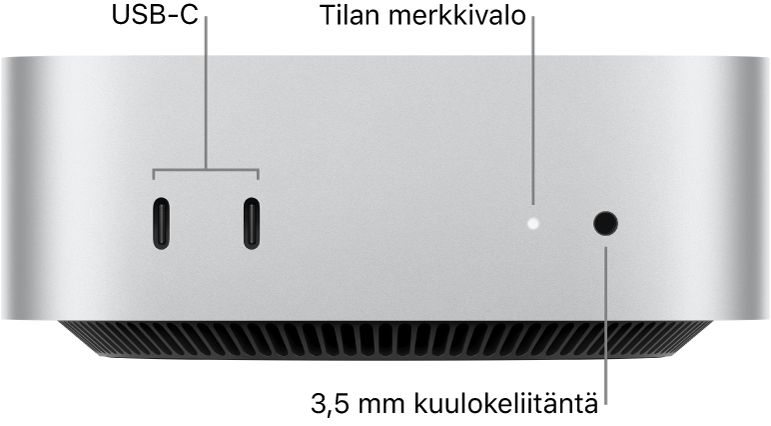 Mac minin etupuoli, jossa näkyy kaksi USB-C-porttia, tilan merkkivalo ja 3,5 mm kuulokeliitäntä.