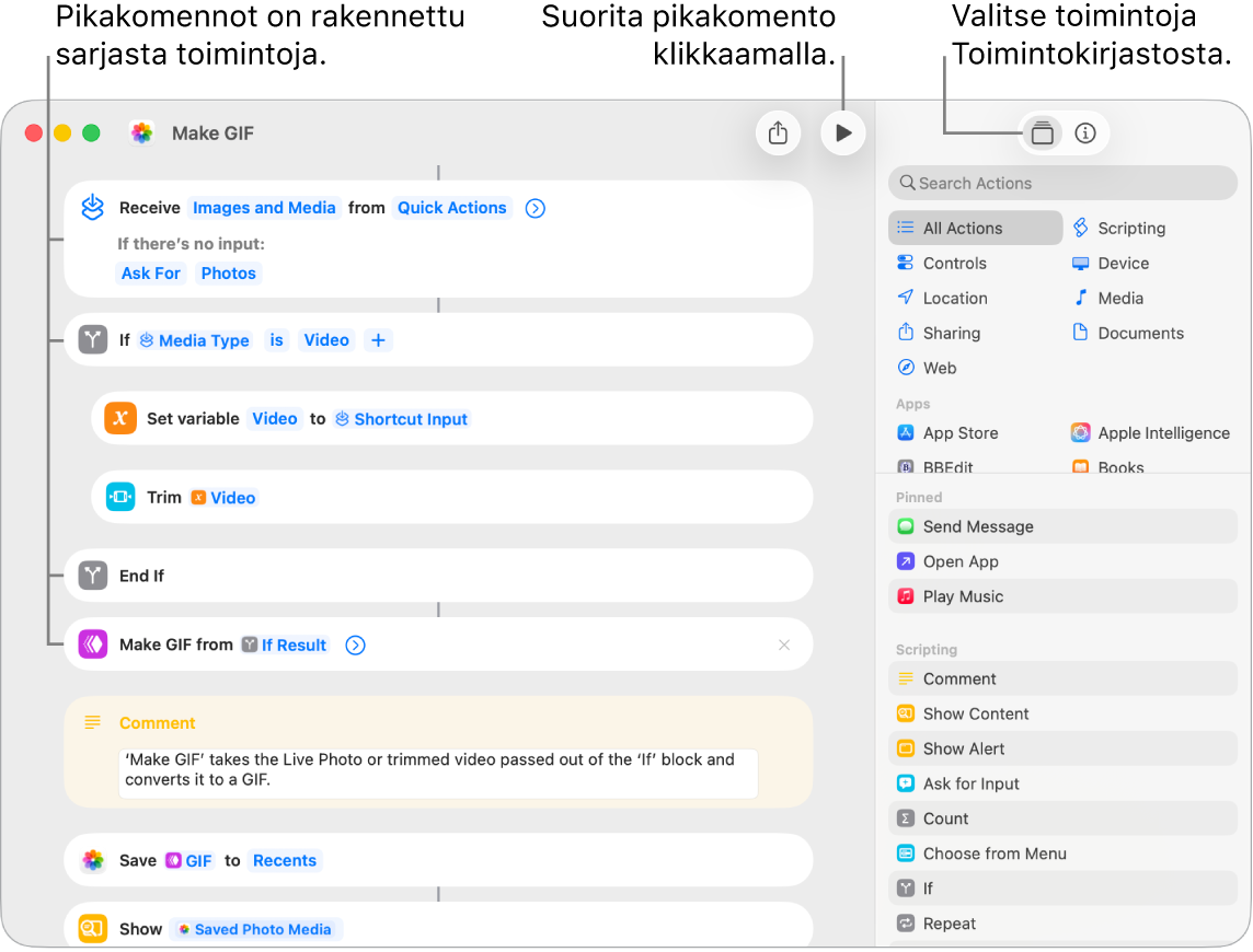 Vasemmalla on pikakomentoeditori, jossa näkyvät Tee GIF -pikakomennon toiminnot.