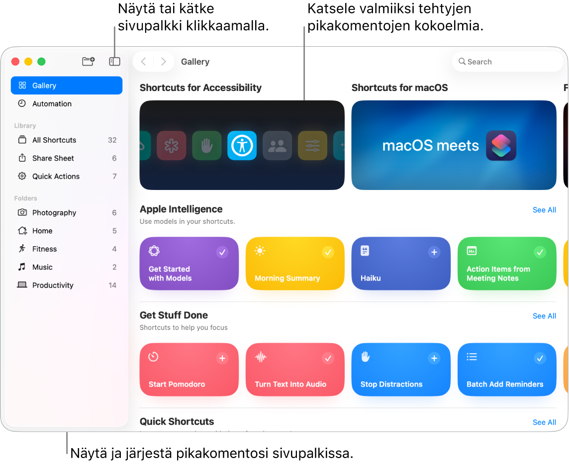 Pikakomennot-ikkuna, jossa on vasemmalla avoin sivupalkki ja oikealla Galleria, jossa on valmiiden pikakomentojen kokoelmia.