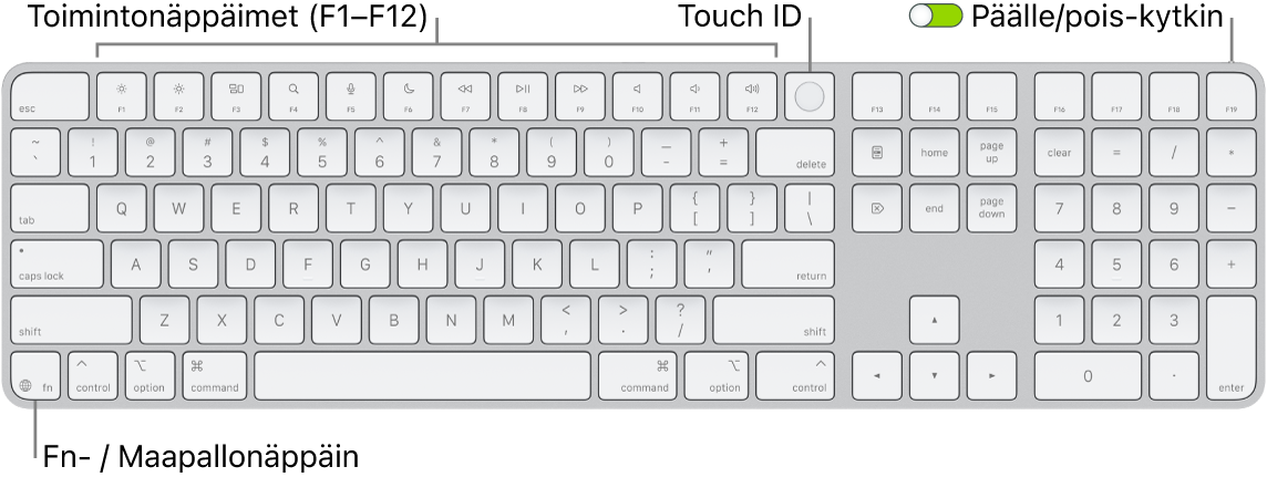 Touch ID:llä ja numeronäppäimistöllä varustettu Magic Keyboard, jossa on rivi toimintonäppäimiä ja Touch ID yläreunassa sekä fn-/maapallonäppäin poistonäppäimen oikealla puolella.