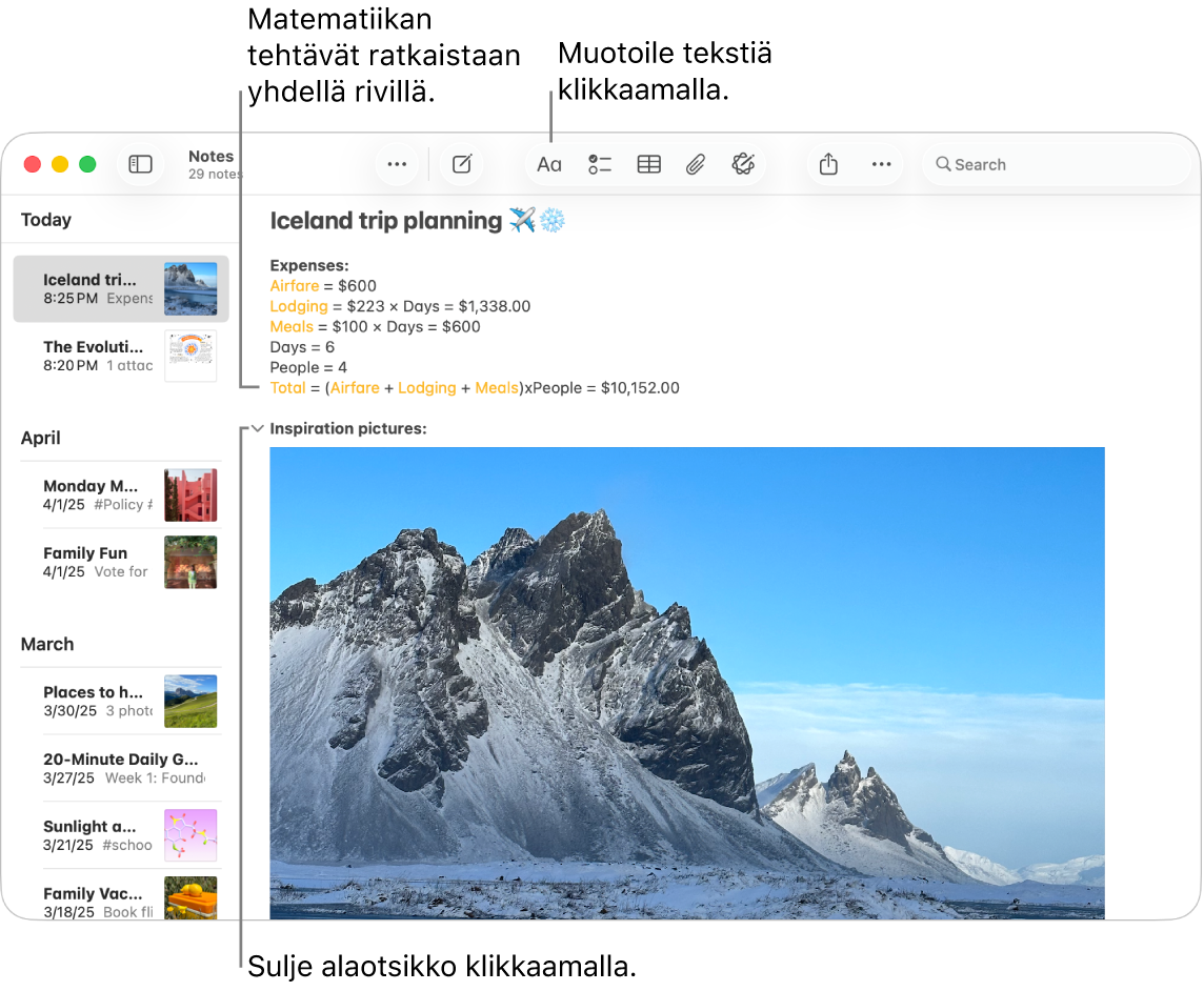 Muistiinpanot-ikkuna, jossa näkyy laskelmia matkaa varten ja kuva määränpäästä.
