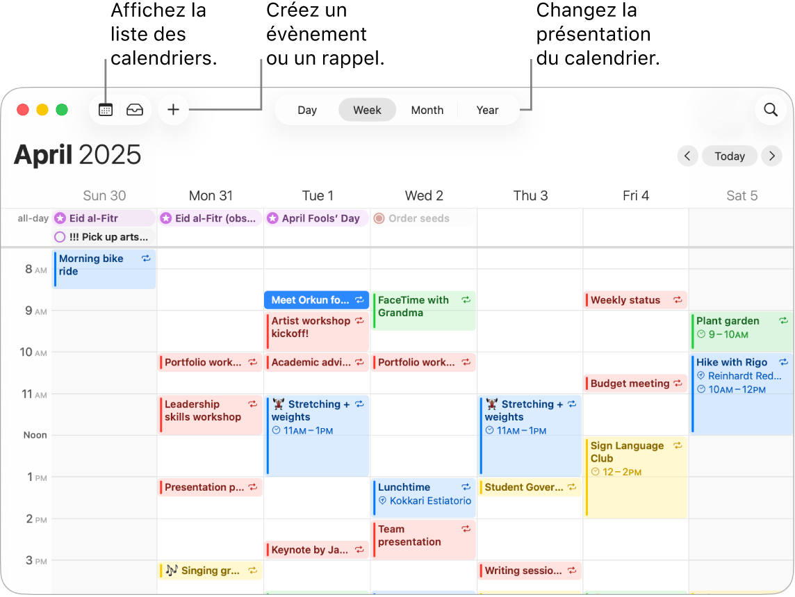 Une fenêtre Calendrier montrant tous les évènements et rappels programmés pour la semaine. Des flèches pointent vers les boutons qui permettent d’afficher la liste de calendriers, de créer un évènement ou un rappel, et de changer la présentation par jour, par semaine, par mois ou par an.