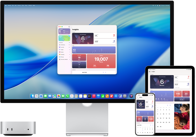 ‏Mac mini ליד מכשירים שונים המציגים כולם את אותו תוכן ב-iCloud.