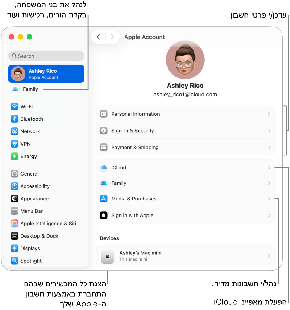 הגדרות חשבון Apple ב״הגדרות המערכת״ עם תיבות הסבר המצביעות על עדכון פרטי החשבון, הפעלה או השבתה של מאפייני iCloud, ניהול חשבונות מדיה והאזור ״משפחה״, שם ניתן לנהל חשבונות של בני משפחה, בקרות הורים, רכישות ועוד.