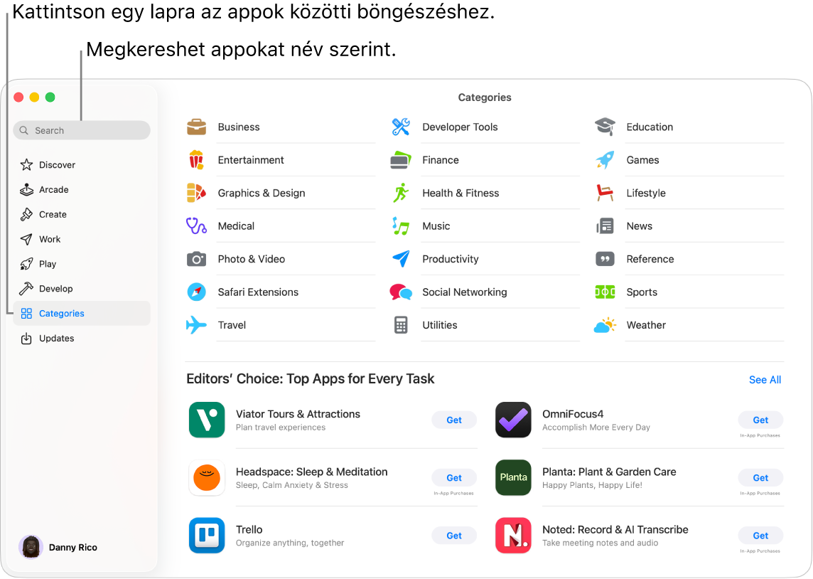 Az App Store ablaka a keresőmezővel és az appok kategóriáival.