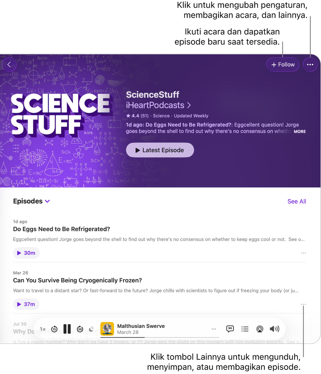 Jendela Podcast yang menampilkan daftar episode di podcast. Tombol Ikuti di bagian atas jendela memungkinkan Anda untuk mengikuti acara, dan tombol Lainnya di samping setiap episode memungkinkan Anda untuk mengunduh atau menyimpan episode.
