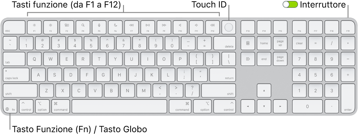 La tastiera Magic Keyboard con Touch ID e tastierino numerico che mostra i tasti funzione e Touch ID in alto e il tasto Funzione (Fn)/Globo a destra del tasto Canc.