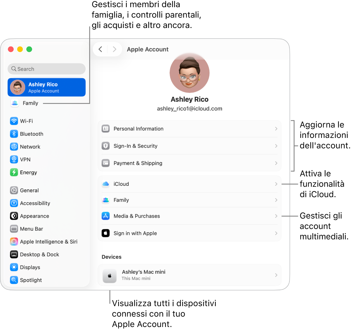 Le impostazioni di Apple Account in Impostazioni di Sistema, con didascalie per aggiornare le informazioni dell’account, attivare o disattivare le funzionalità di iCloud, gestire gli account multimediali e Famiglia, dove puoi gestire i membri del gruppo familiare, i controlli parentali, gli acquisti e altro ancora.