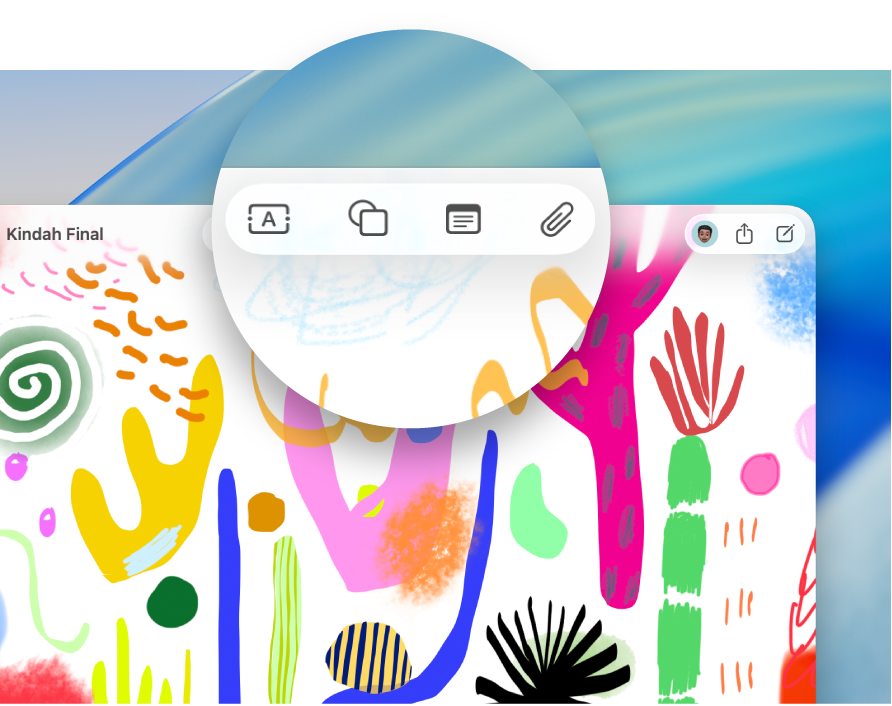 フリーボードのボード。コンテンツを追加できるさまざまなボタンがあるツールバーが表示されています。