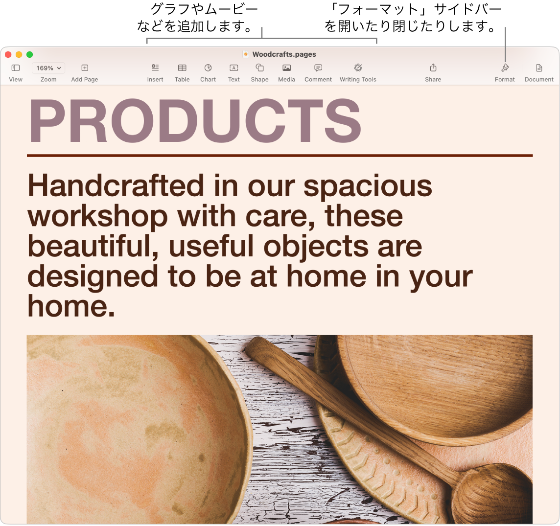 Pagesウインドウ。テンプレートから作成された書類が表示されています。グラフやムービーなどを追加するツールバーのボタンへのコールアウトと、「フォーマット」サイドバーを開閉するボタンへのコールアウトがあります。