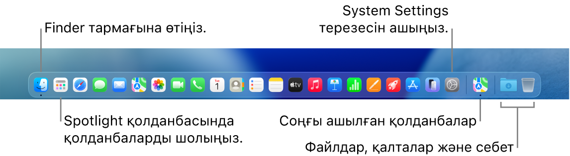 Finder, System Settings және файлдар мен қалталардан қолданбаларды бөлетін Dock тақтасындағы бөлгішті көрсетіп тұрған Dock.