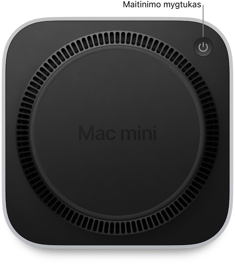 „Mac mini“ apatinė pusė, matosi maitinimo mygtukas.