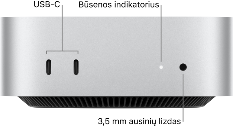 „Mac mini“ priekinė pusė, matosi du USB-C prievadai, būsenos indikatoriaus lemputė ir 3,5 mm ausinių lizdas.
