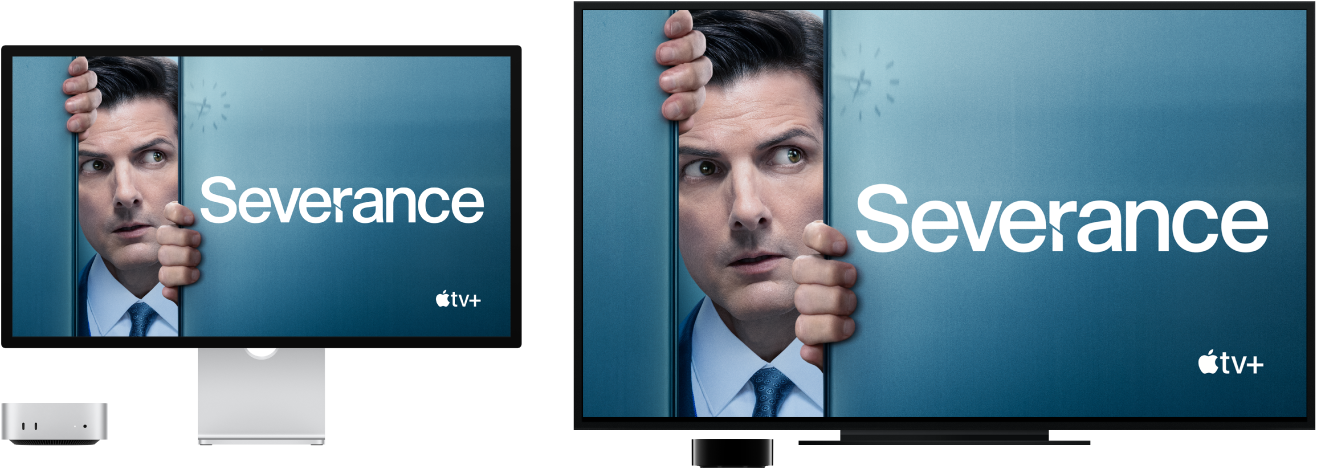 Mac mini dators ar tā saturu spoguļotu lielā HDTV, izmantojot Apple TV ierīci.