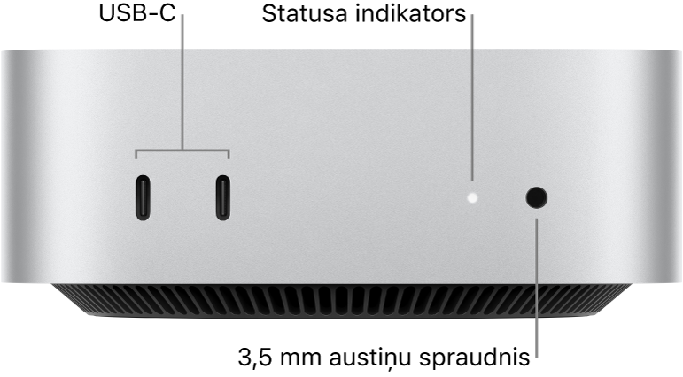Datora Mac mini priekšējā daļa ar diviem USB-C portiem, statusa indikatoru un 3,5 mm austiņu ligzdu.