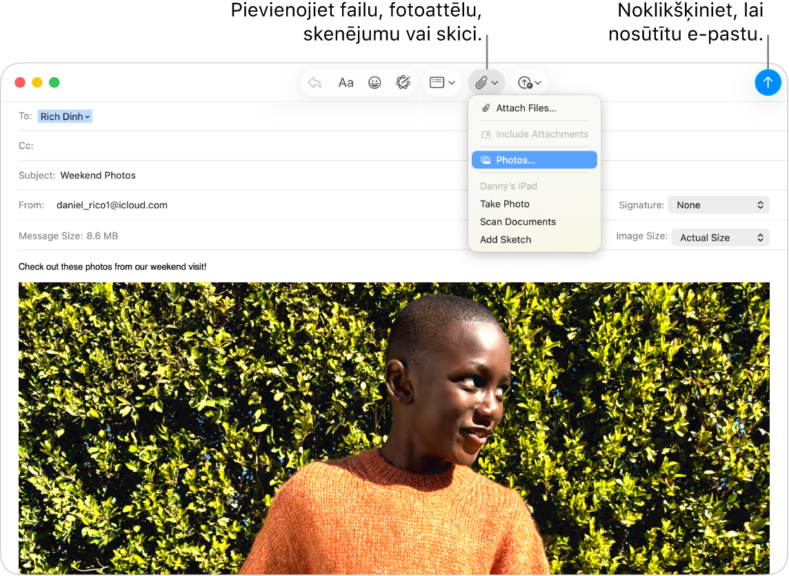 Lietotnes Mail logs, kurā redzams, ka tiek sagatavots jauns ziņojums. Uznirstošajā izvēlnē tiek parādītas opcijas, lai pievienotu vai uzņemtu fotoattēlu, skenētu dokumentu vai pievienotu skici no tuvumā esošas ierīces.