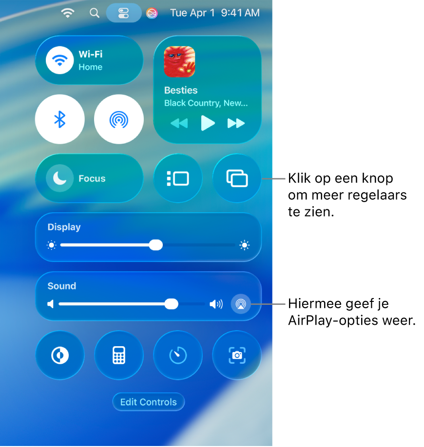Ingezoomde weergave van het bedieningspaneel op de Mac.