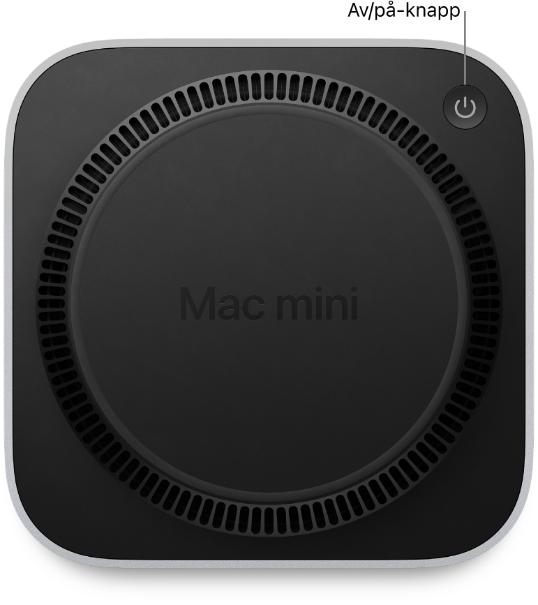 Baksiden av Mac mini viser Av/på-knappen.