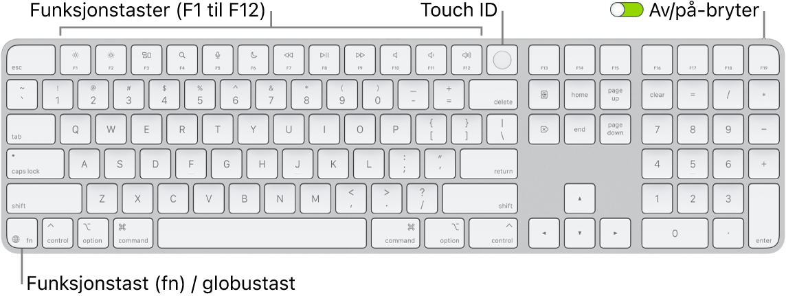 Magic Keyboard med Touch ID og talltastatur som viser raden med funksjonstaster og Touch ID øverst og funksjonstasten (Fn) / globustasten til høyre for slettetasten.