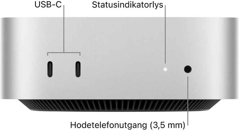 Forsiden av Mac mini som viser to USB-C-porter, statusindikatorlyset og hodetelefonutgang (3,5 mm).