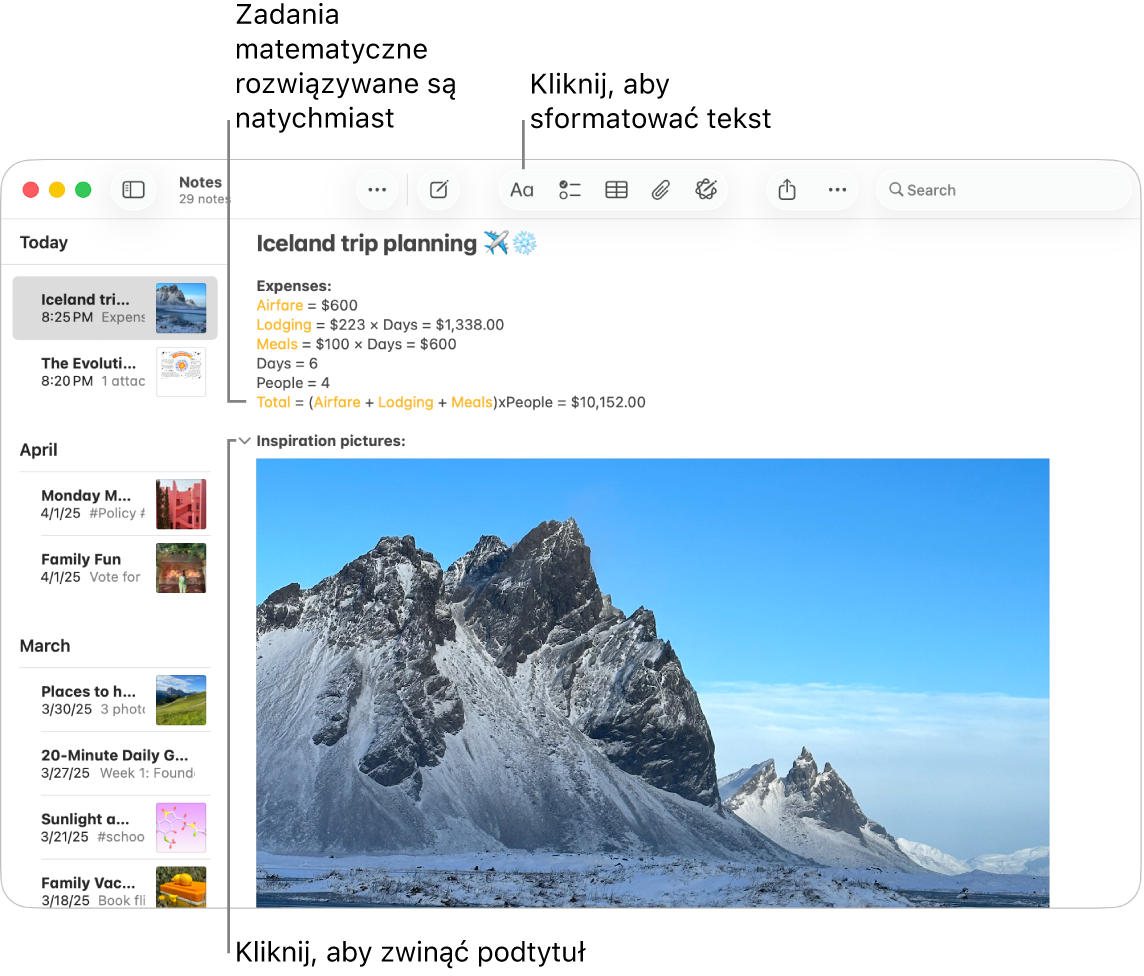 Okno aplikacji Notatki pokazuje obliczenia kosztów wycieczki i zdjęcie miejsca docelowego.