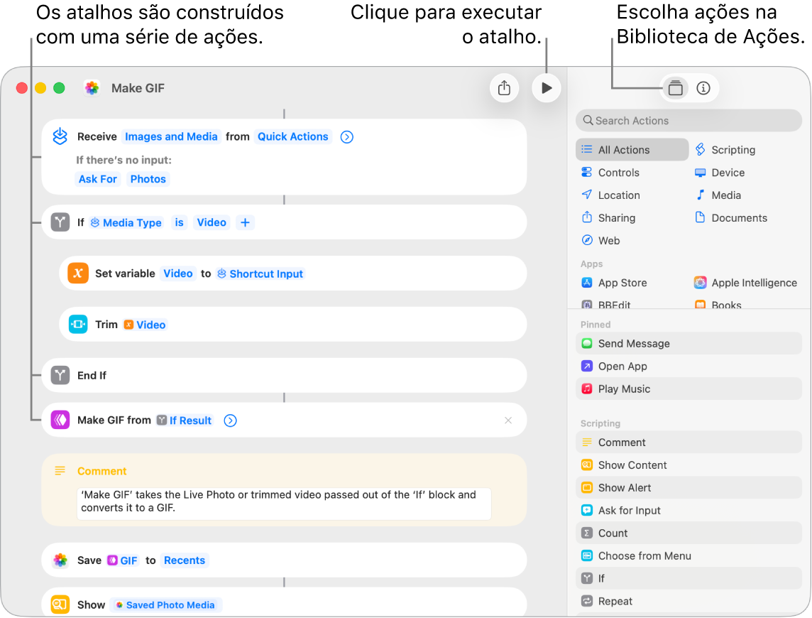 Editor de atalhos à esquerda, mostrando as ações no atalho Criar GIF.