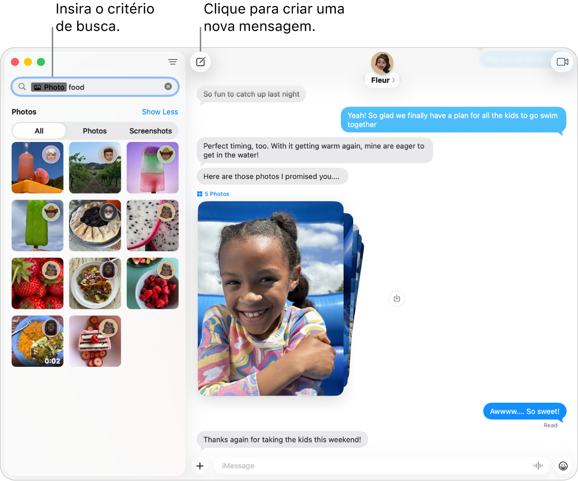 Janela do app Mensagens mostrando resultados de busca à esquerda e uma conversa à direita.