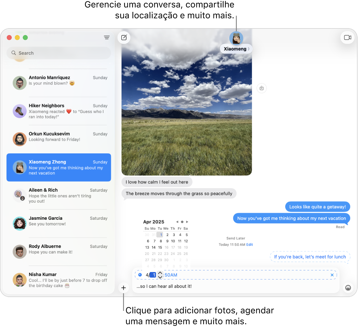Janela do Mensagens mostrando uma conversa. Uma mensagem sendo agendada para ser enviada em uma data posterior.
