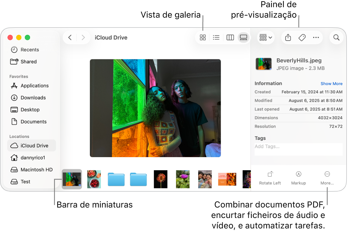 Uma janela do Finder aberta na Vista de Galeria, a mostrar uma fotografia grande com uma linha de fotografias mais pequenas, a barra de scrubbing, por baixo. São apresentados à direita da barra de scrubbing os controlos para rodar, efetuar marcações, etc.